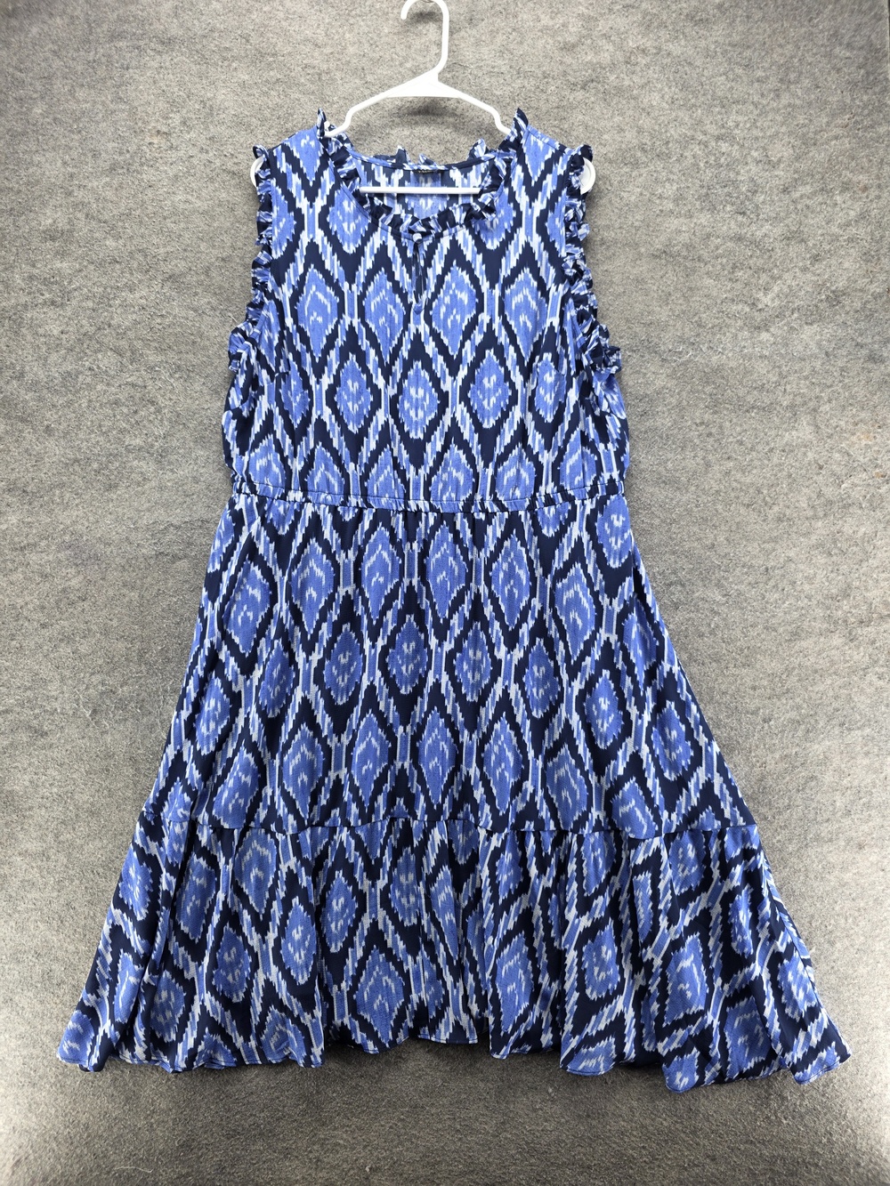 Talbots Dress Womens 1X Blue A-Line Midi Sleeveless Ruffle Geometric Print